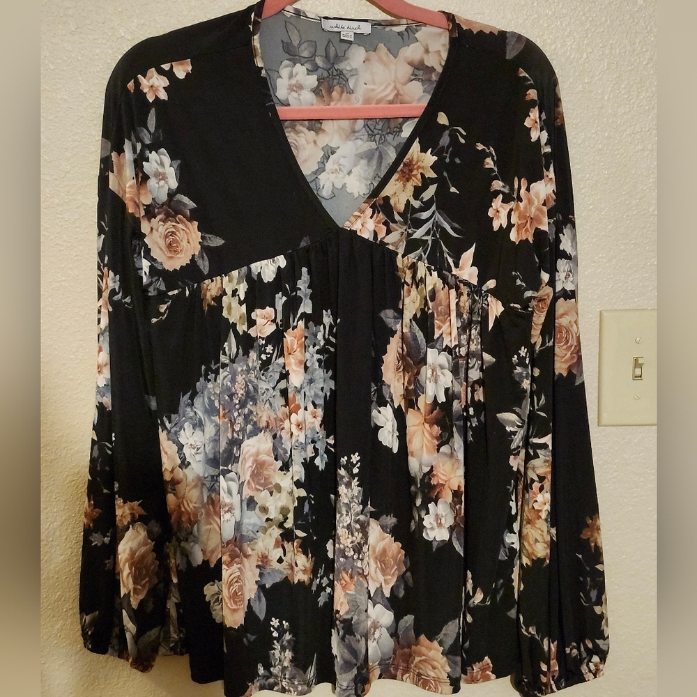 White Birch Black Floral V-Neck Tunic with Cream and Tan Blooms
